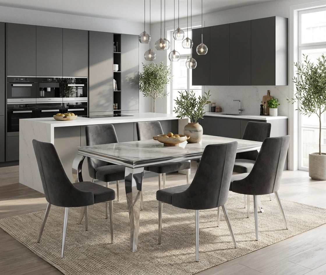 Table à manger verre effet marbré greige 180x90 cm 6-8 pers BAROQUE