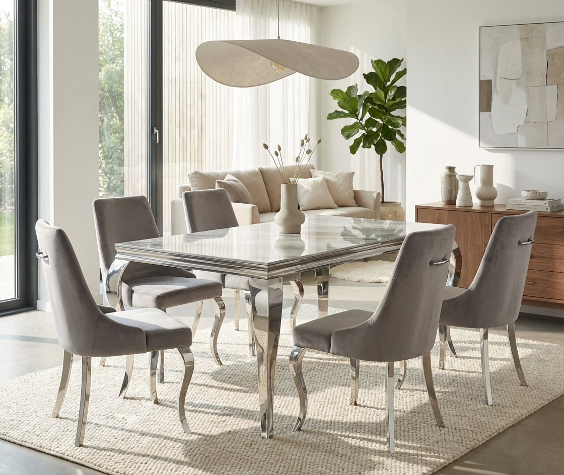 Table à manger verre effet marbré greige 180x90 cm 6-8 pers BAROQUE