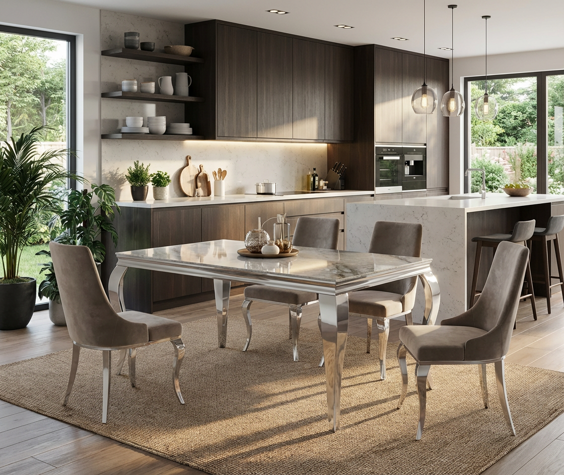Table à manger verre effet marbré greige 180x90 cm 6-8 pers BAROQUE