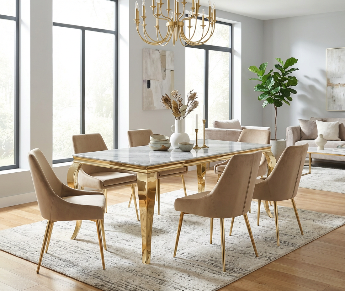 Table à manger BAROQUE 6 à 8 couverts pieds gold plateau en verre 180x90 cm #couleur_marbré-greige