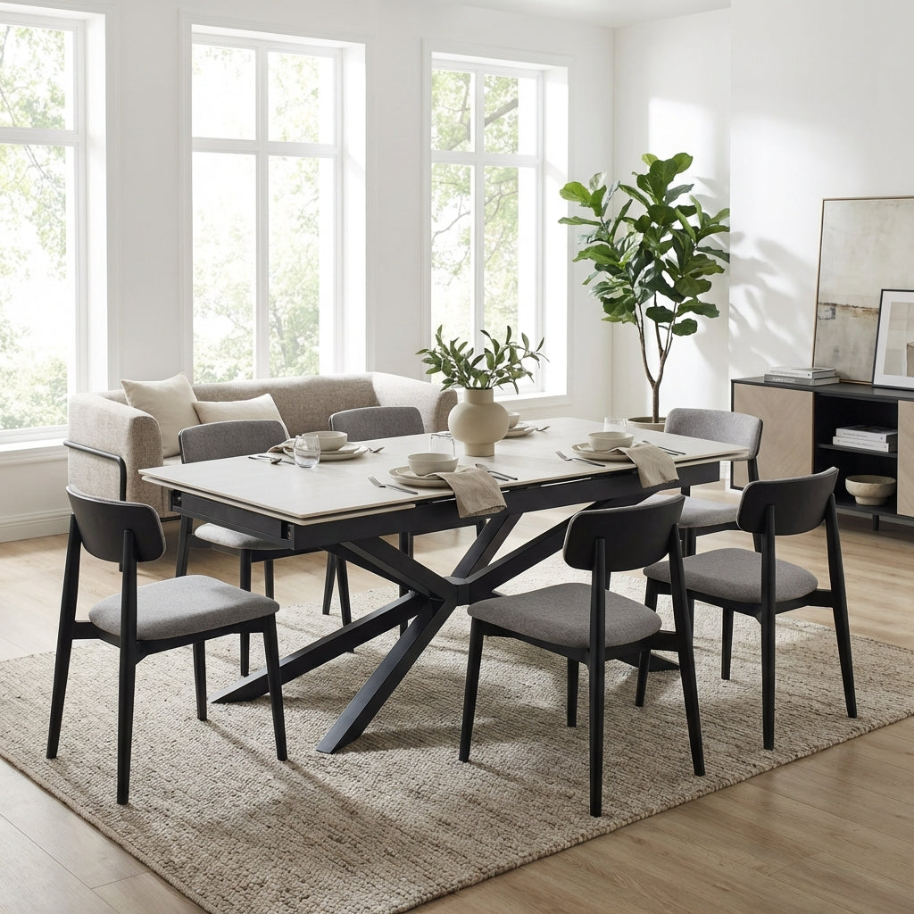 Table extensible NANA céramique travertin & pied métal noir 180-260x90 cm #couleur_blanc