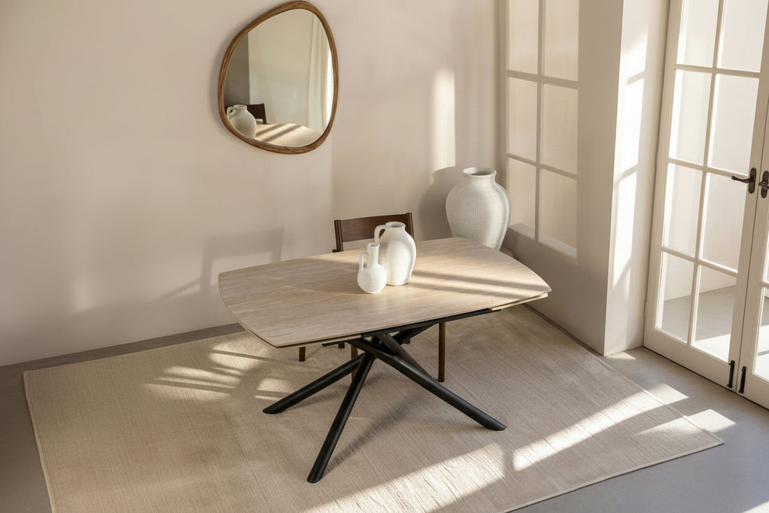 Table repas extensible céramique travertin beige 129/189 cm – NYSA