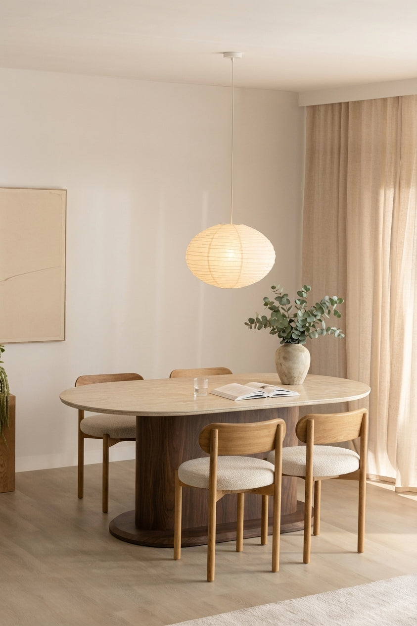Table à manger céramique travertin pied effet noyer 180x90x75 cm LOKA