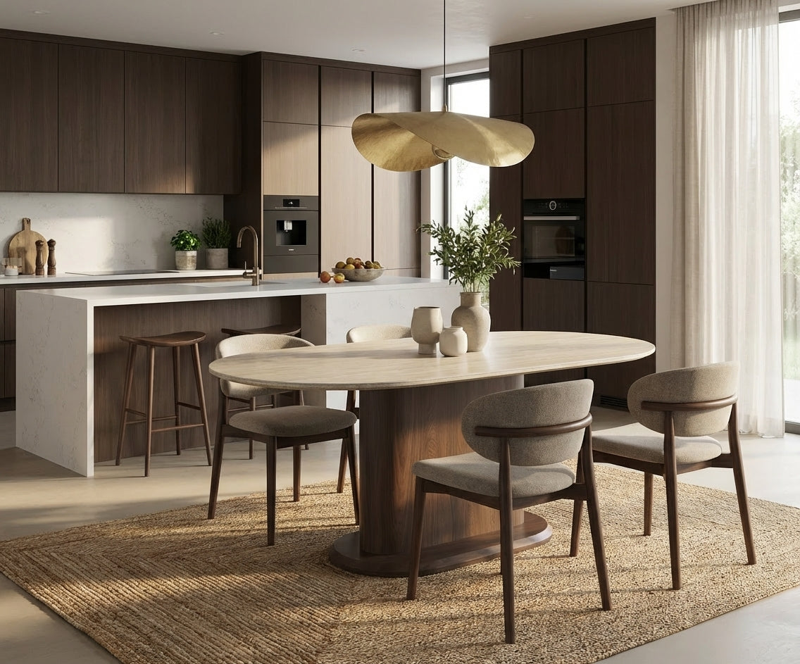 Table à manger céramique travertin pied effet noyer 180x90x75 cm LOKA