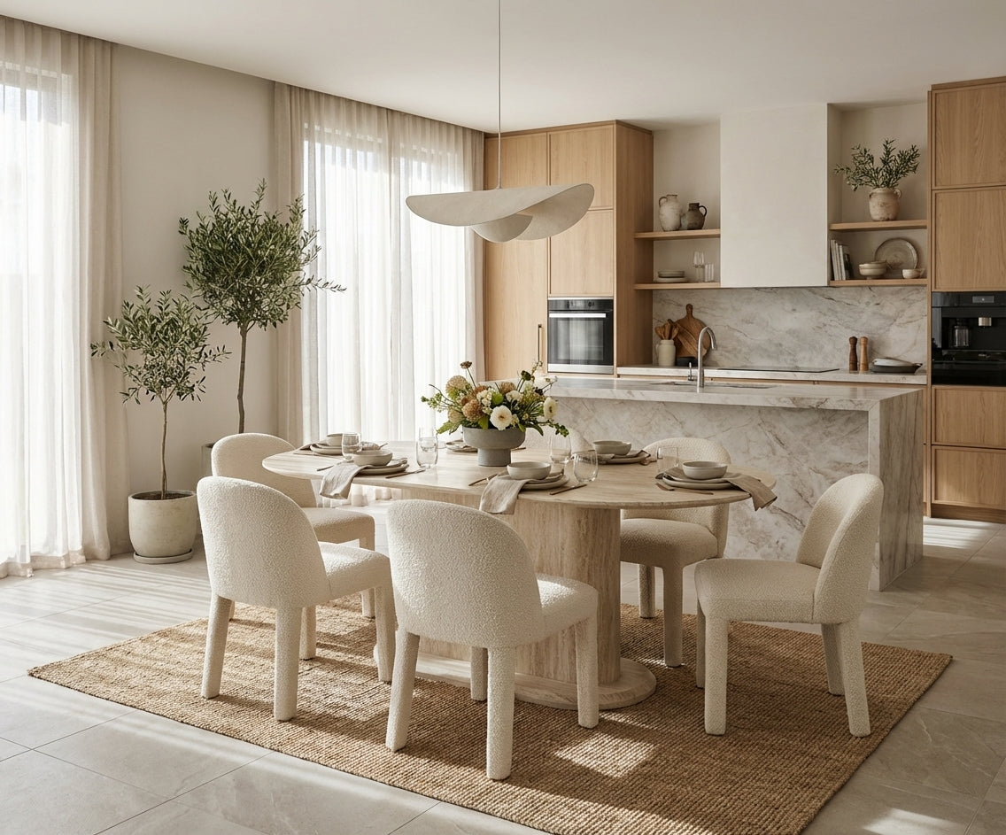 Table repas ovale 180x90 cm céramique effet travertin pied central LOKA