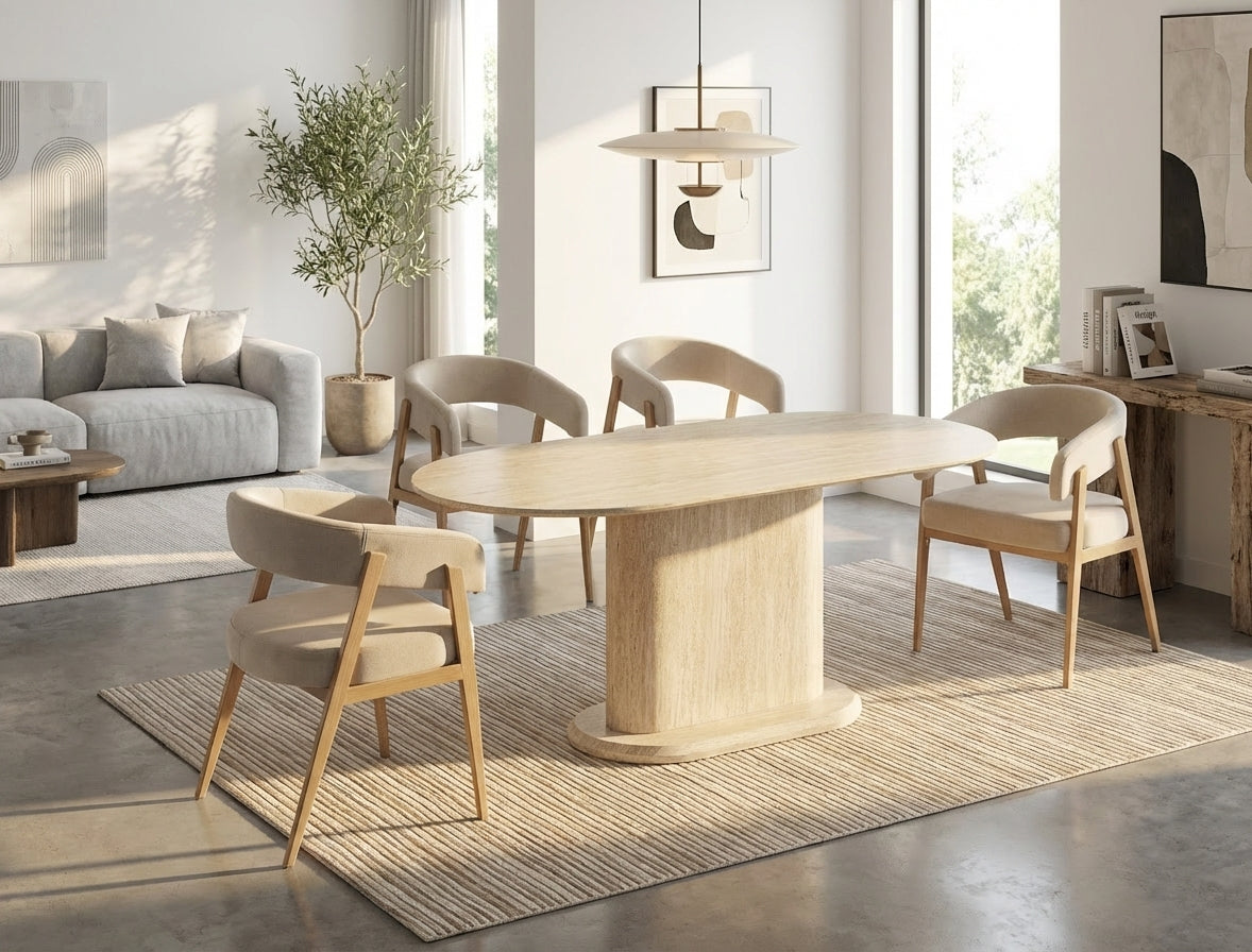 Table repas ovale 180x90 cm céramique effet travertin pied central LOKA
