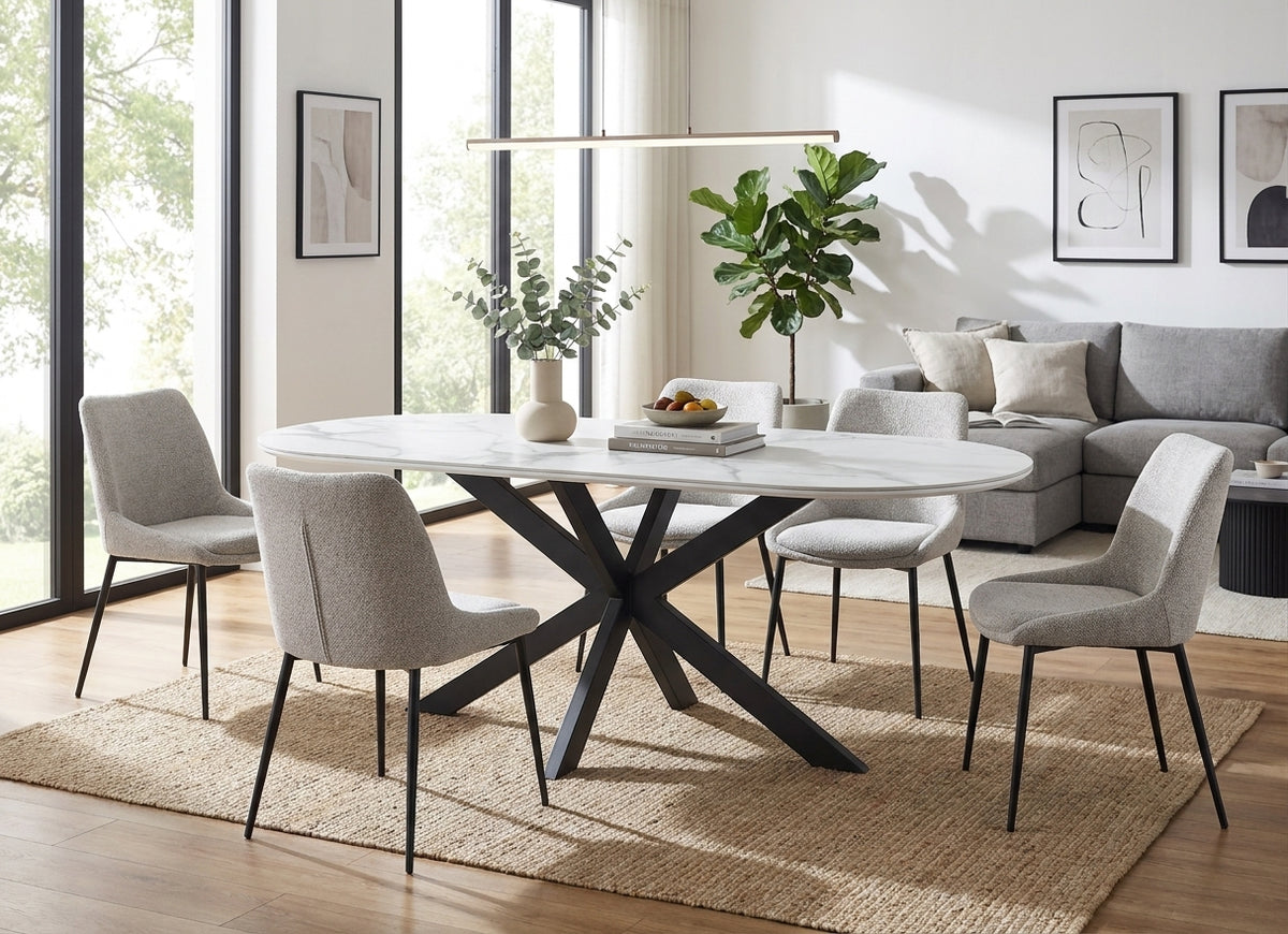 Table à Manger MANON – 200x90 cm – Céramique Marbre Blanc & Pied Métal Noir