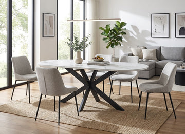 Table à Manger MANON – 200x90 cm – Céramique Marbre Blanc & Pied Métal Noir