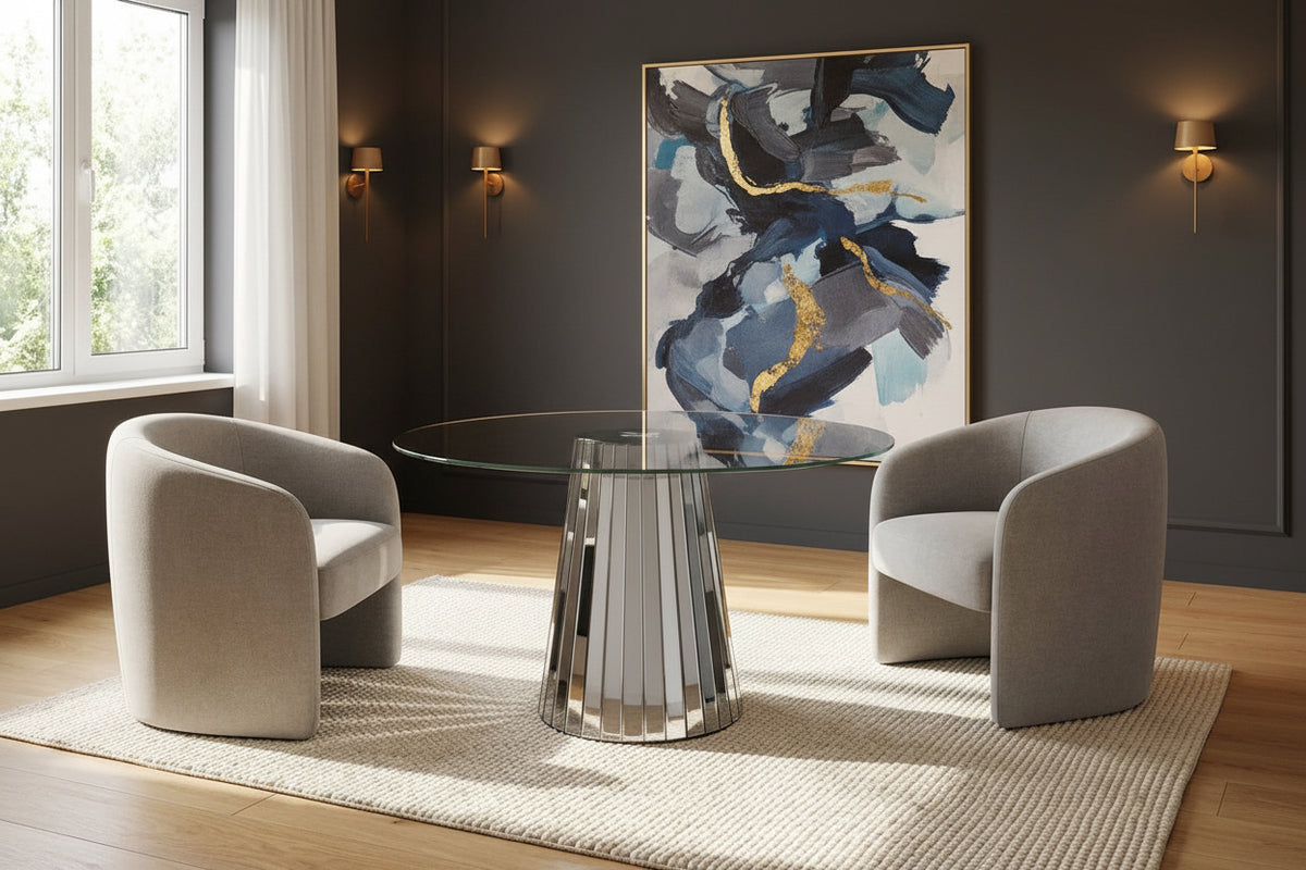 Table ronde DISCO miroir gris plateau transparent