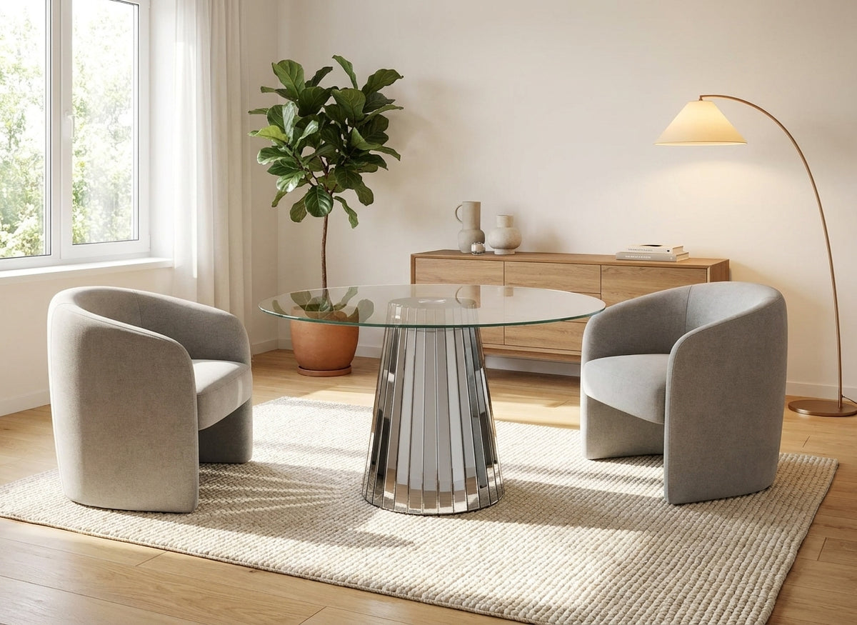 Table ronde DISCO miroir gris plateau transparent