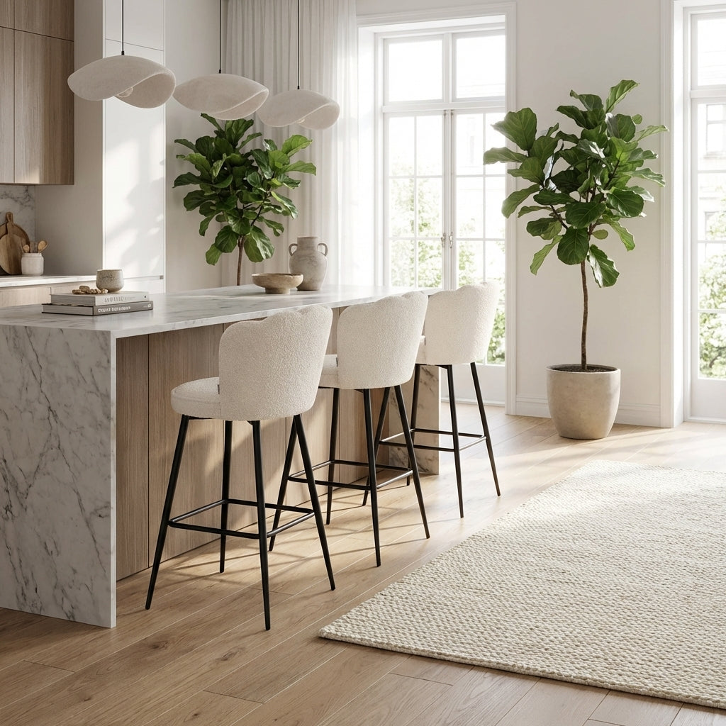 Lot de 2 tabourets de bar velours blanc doudou pieds métal noir - NYMPHEA