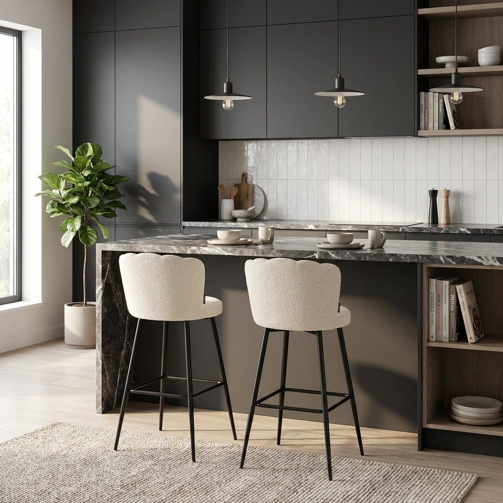 Lot de 2 tabourets de bar velours blanc doudou pieds métal noir - NYMPHEA