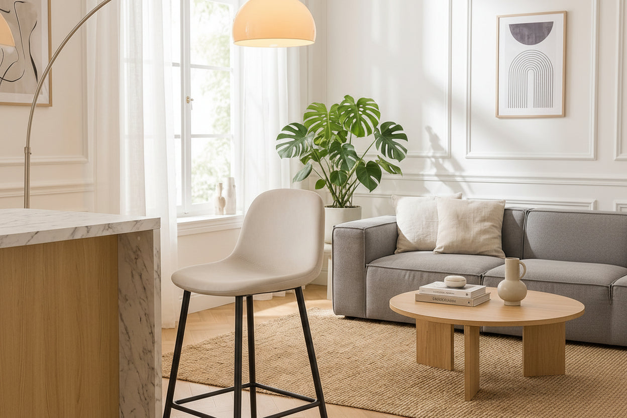 Lot de 2 tabourets de bar velours beige pieds métal noir 69 cm - SCANDINAVE