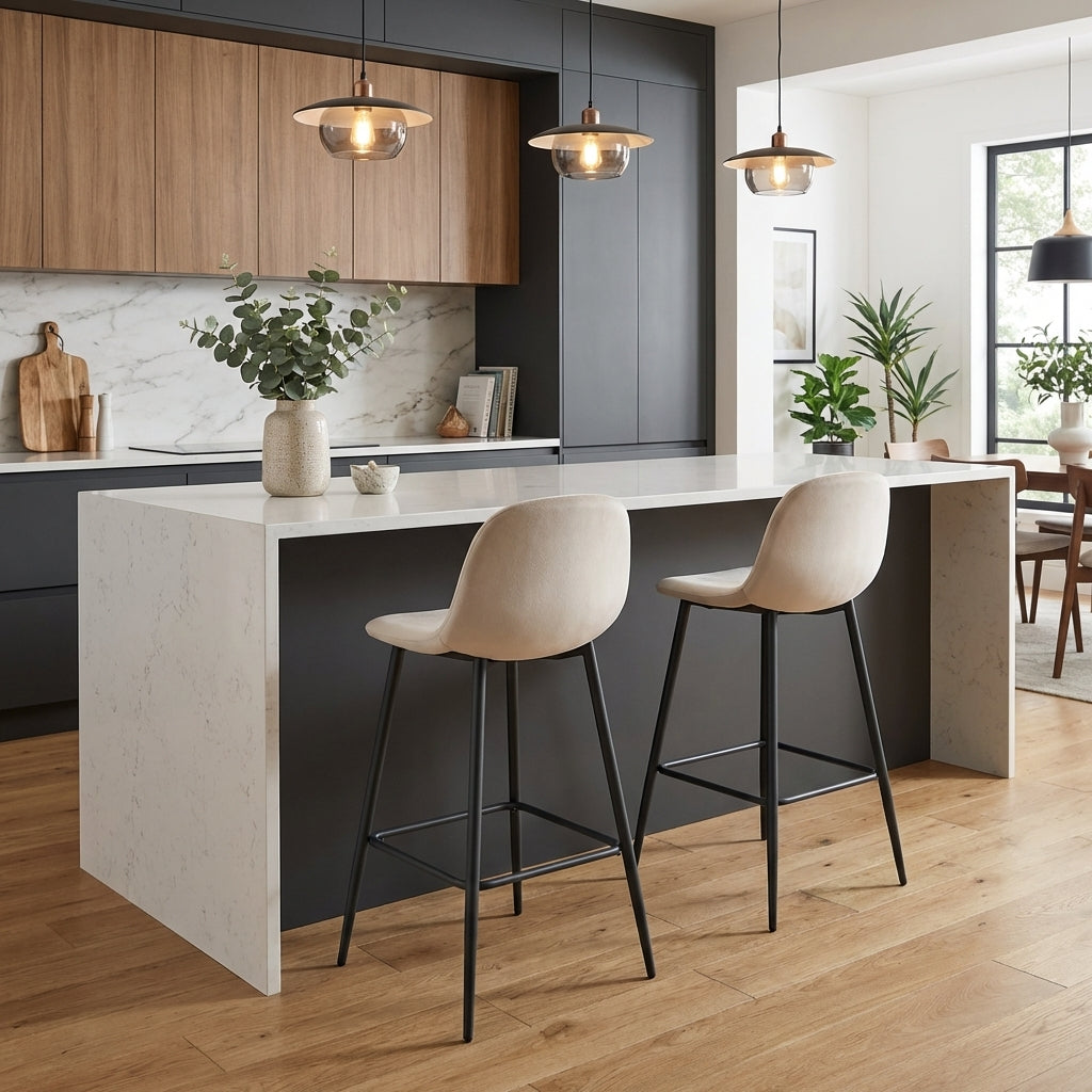 Lot de 2 tabourets de bar SCANDINAVE métal noir velours #couleur_beige