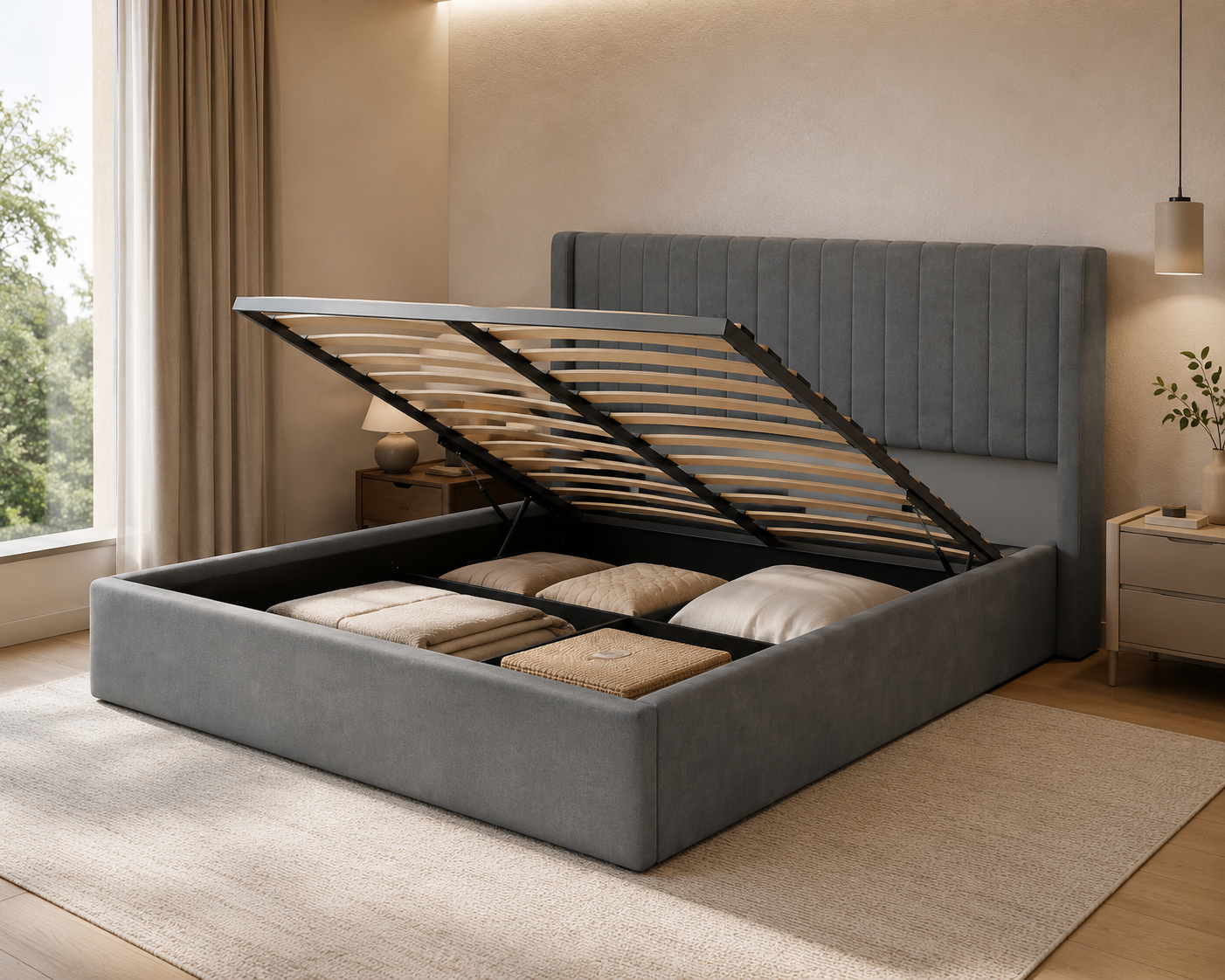 Lit Coffre 180x200 – Velours Gris Sommier Inclus #couleur_gris