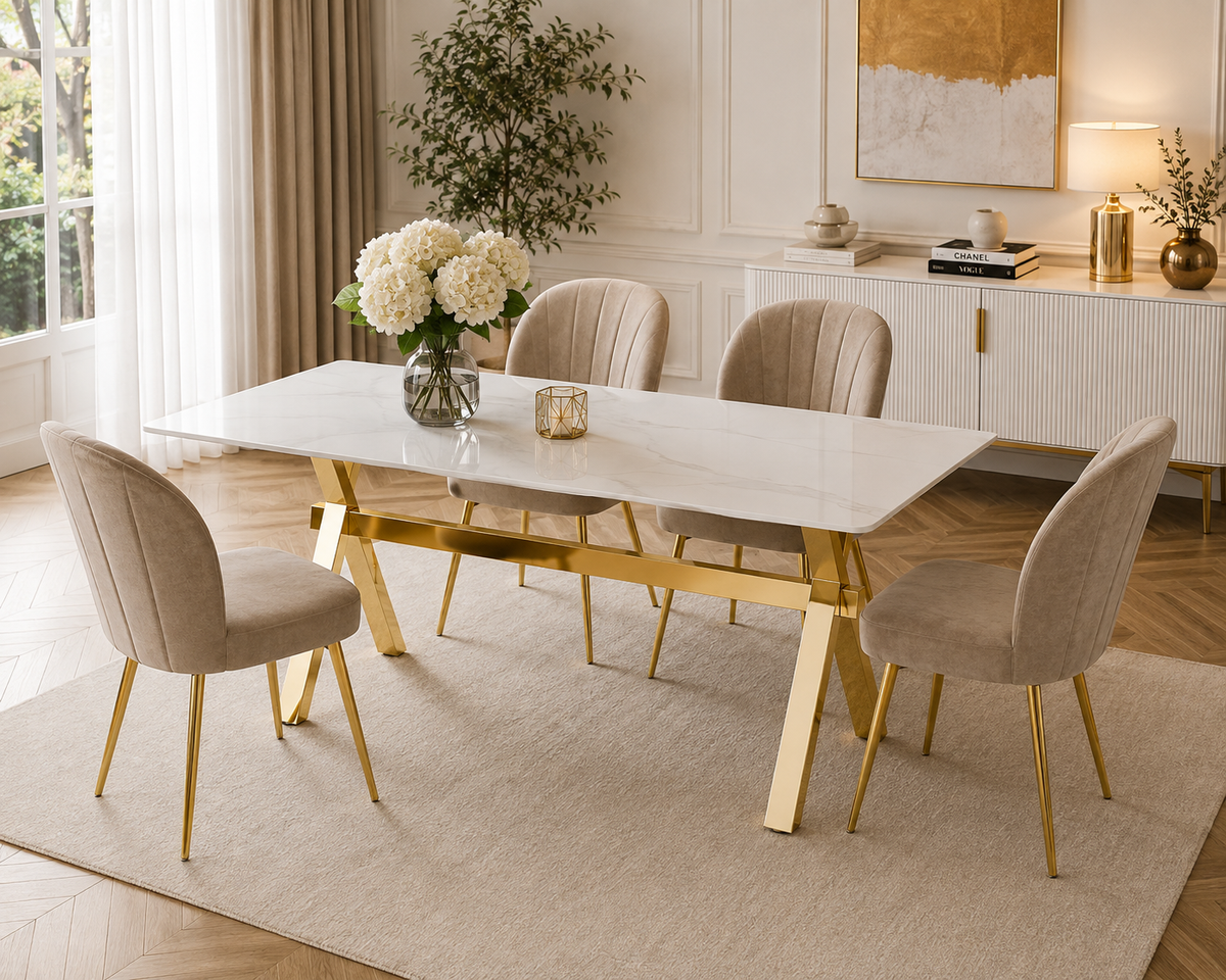 Table Repas IXE – Pied Gold & Verre Trempé – 150x90x75 cm