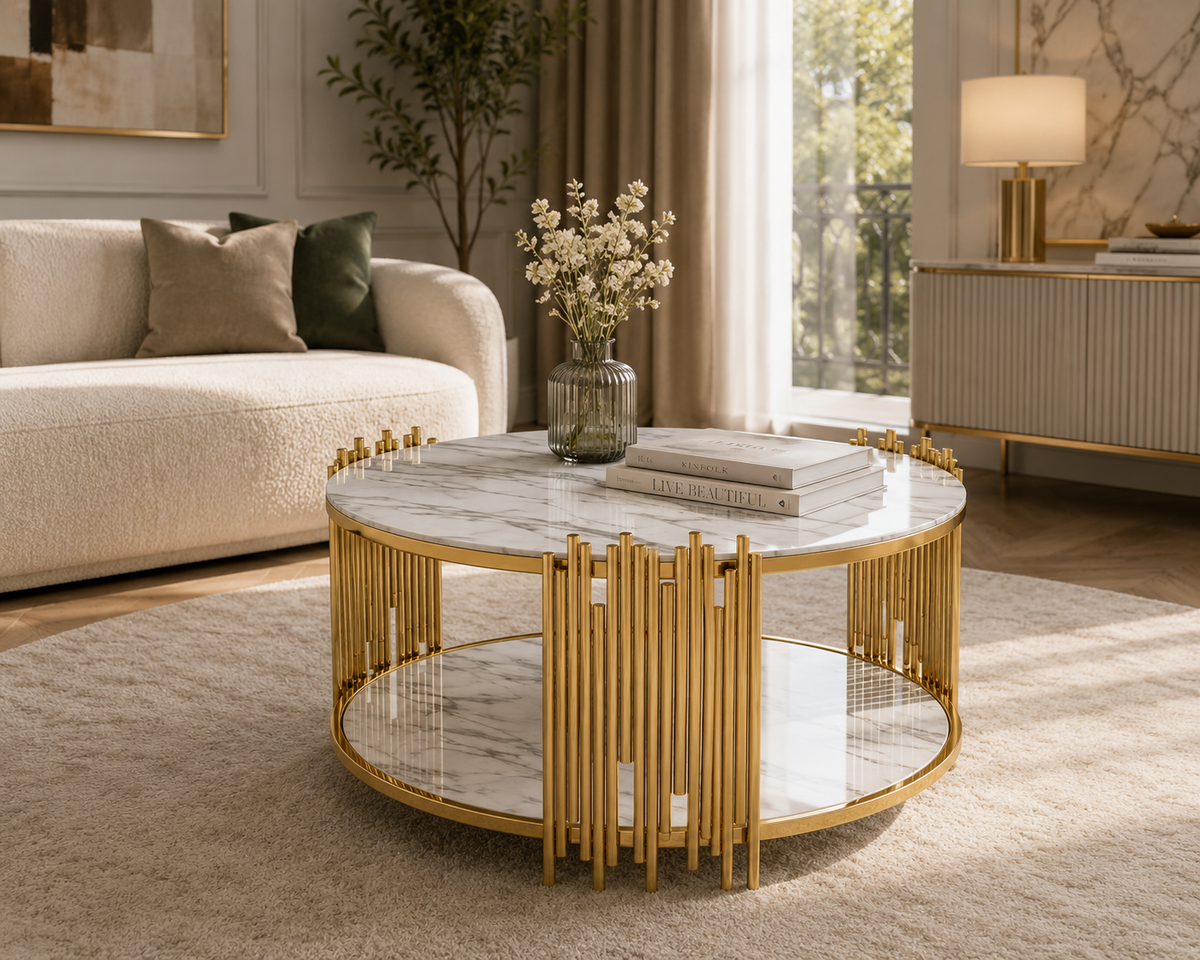 Table Basse ronde STICK Gold et plateau en verre MARBRE BLANC D90 H45 cm