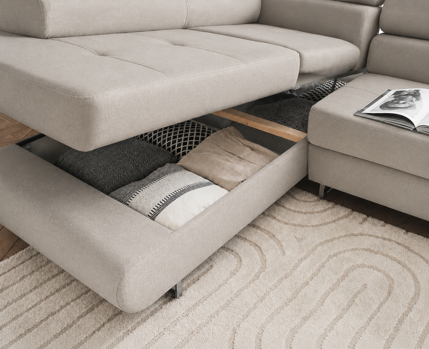 Canapé d’Angle Convertible TOULOUSE Beige avec COFFRE de rangement – Angle Gauche – Velours – 275x202 cm