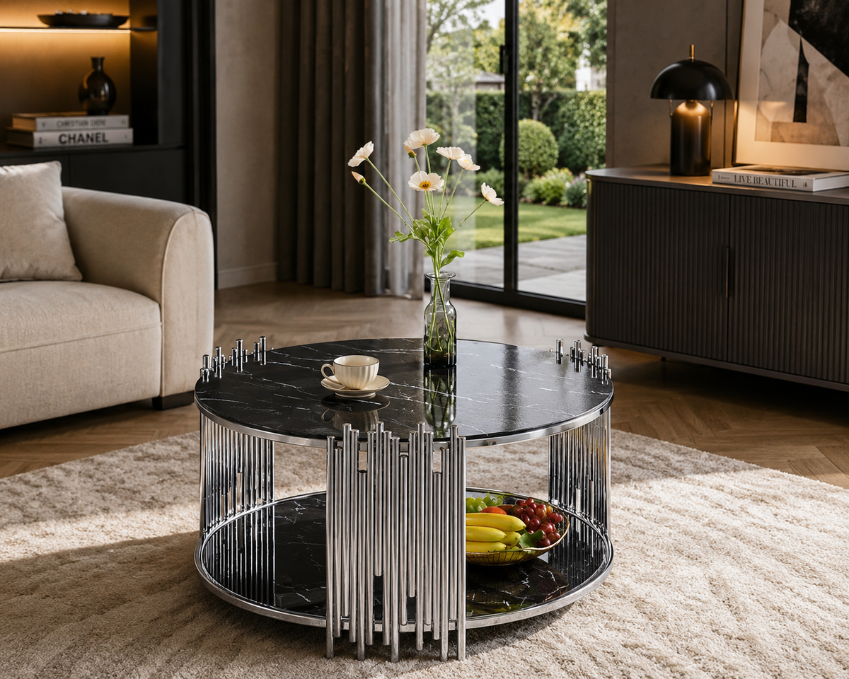Table Basse ronde STICK Chrome et plateau en verre MARBRE NOIR D90 H45 cm