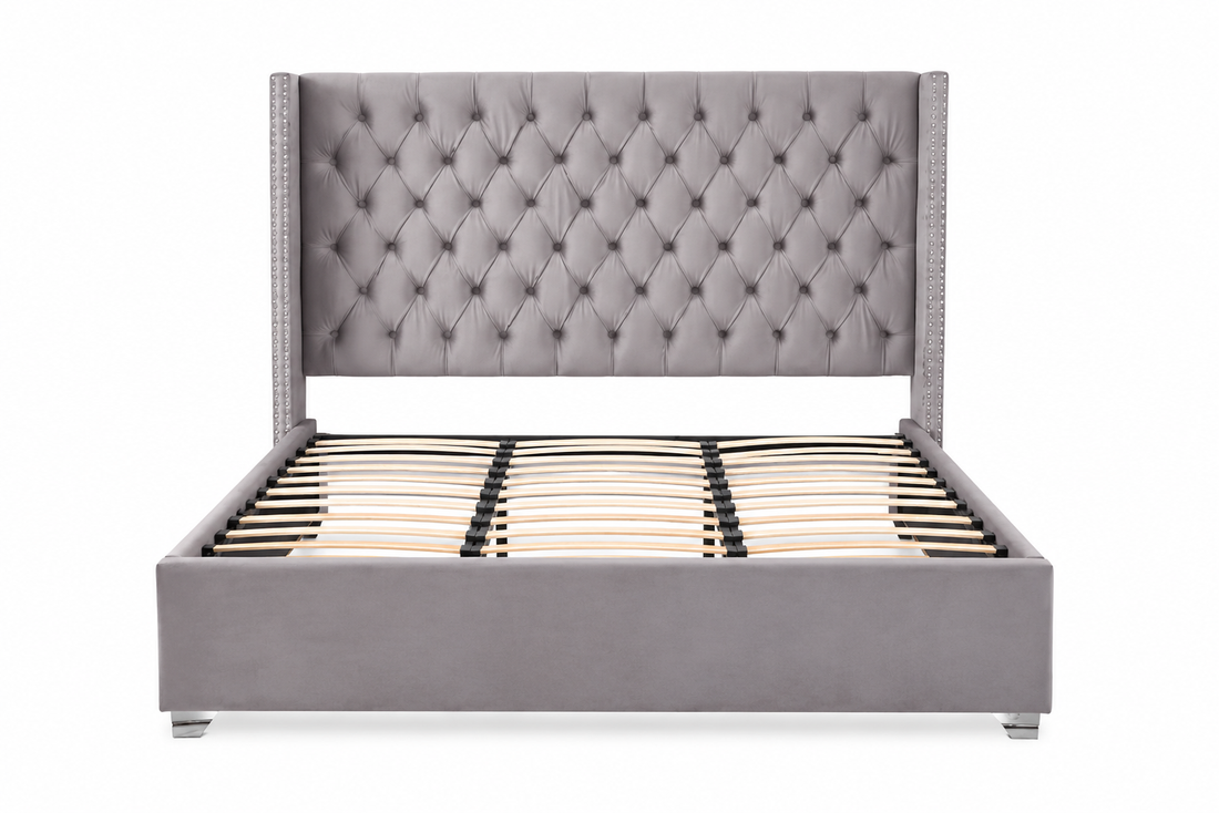 Lit double 180x200 cm velours gris tête capitonnée sommier inclus PRINCESSE