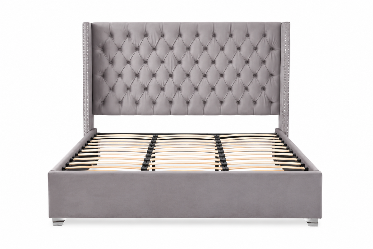 Lit double 180x200 cm velours gris tête capitonnée sommier inclus PRINCESSE