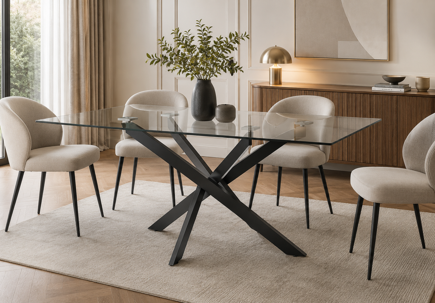 Table Repas JESSICA Métal noir et plateau en verre 150 cm 4 à 6 couverts transparent