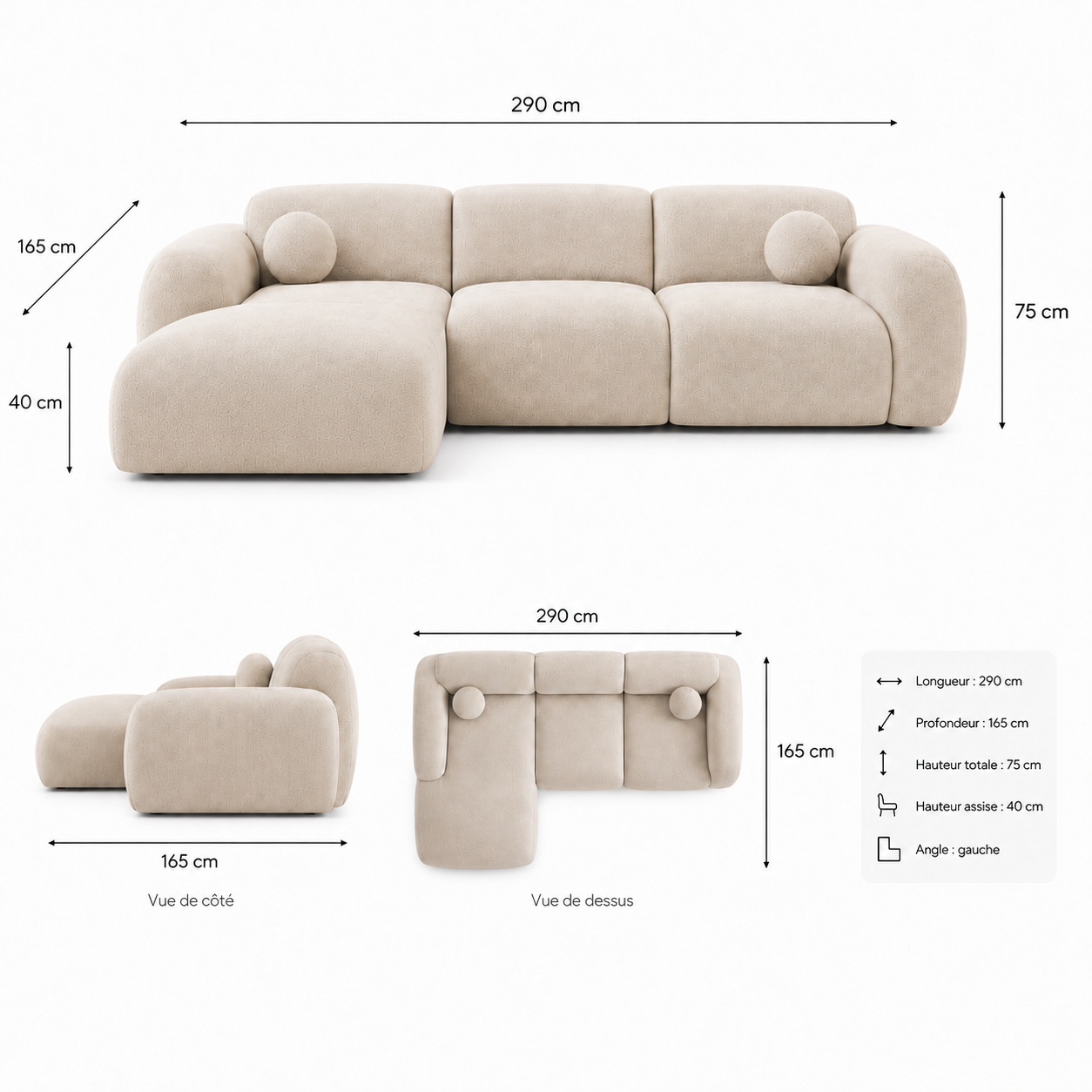 Canapé d’angle arrondi velours beige Cloud Bis - Angle Gauche