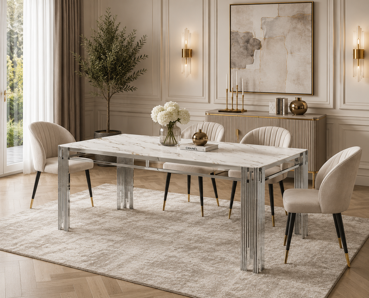 Table à manger XXL FLUTE Chrome Plateau en verre Marbré BLANC 180 cm