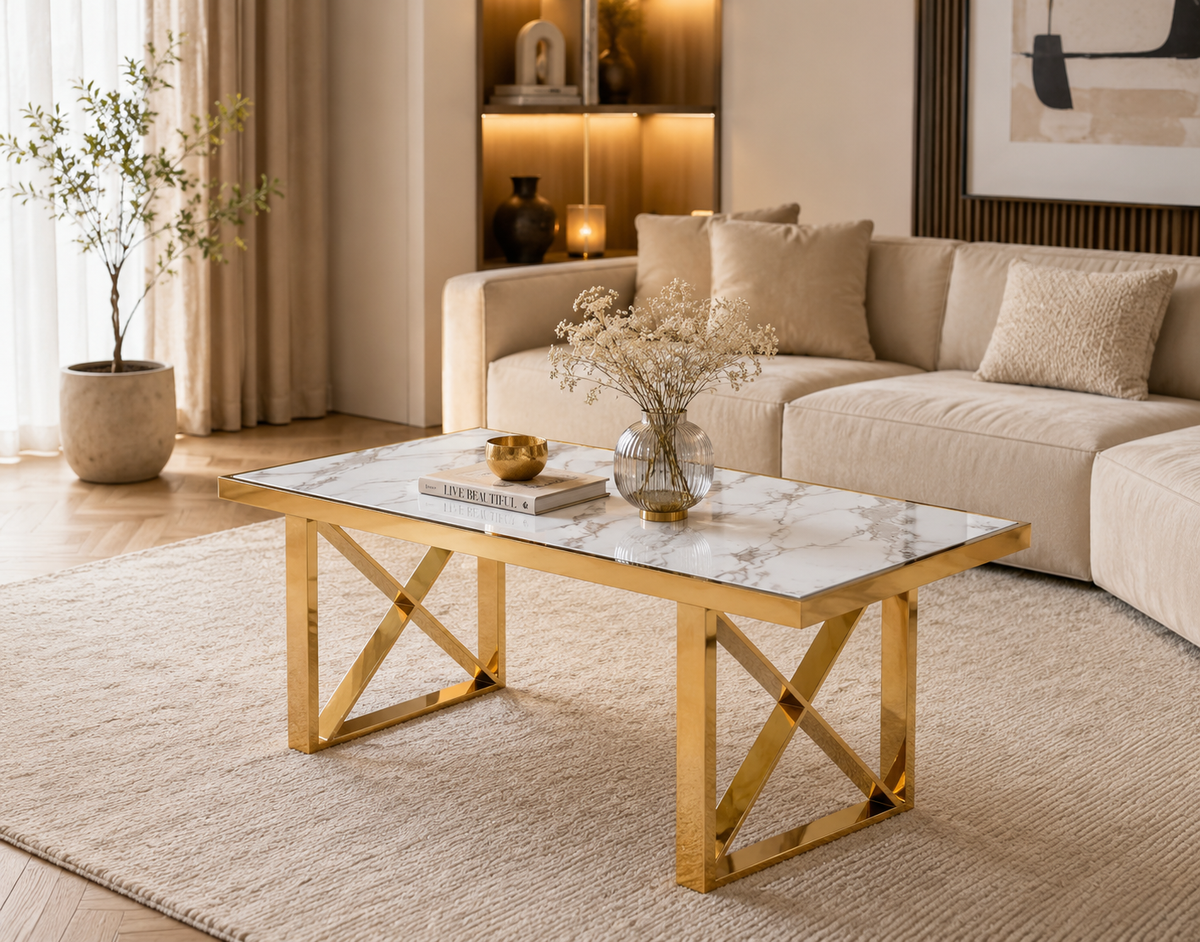Table basse céramique marbre blanc piètement doré 120x60
