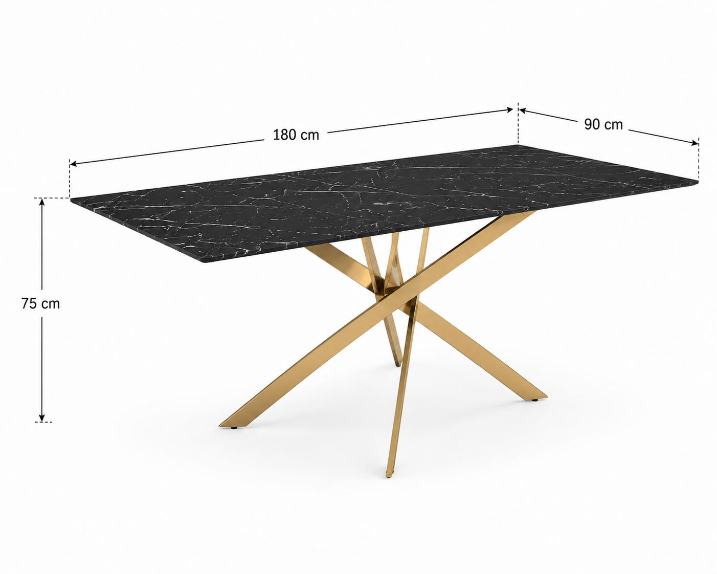 Table Repas JESSICA XXL Gold et plateau en verre MARBRE NOIR 180 cm 6 à 8 couverts