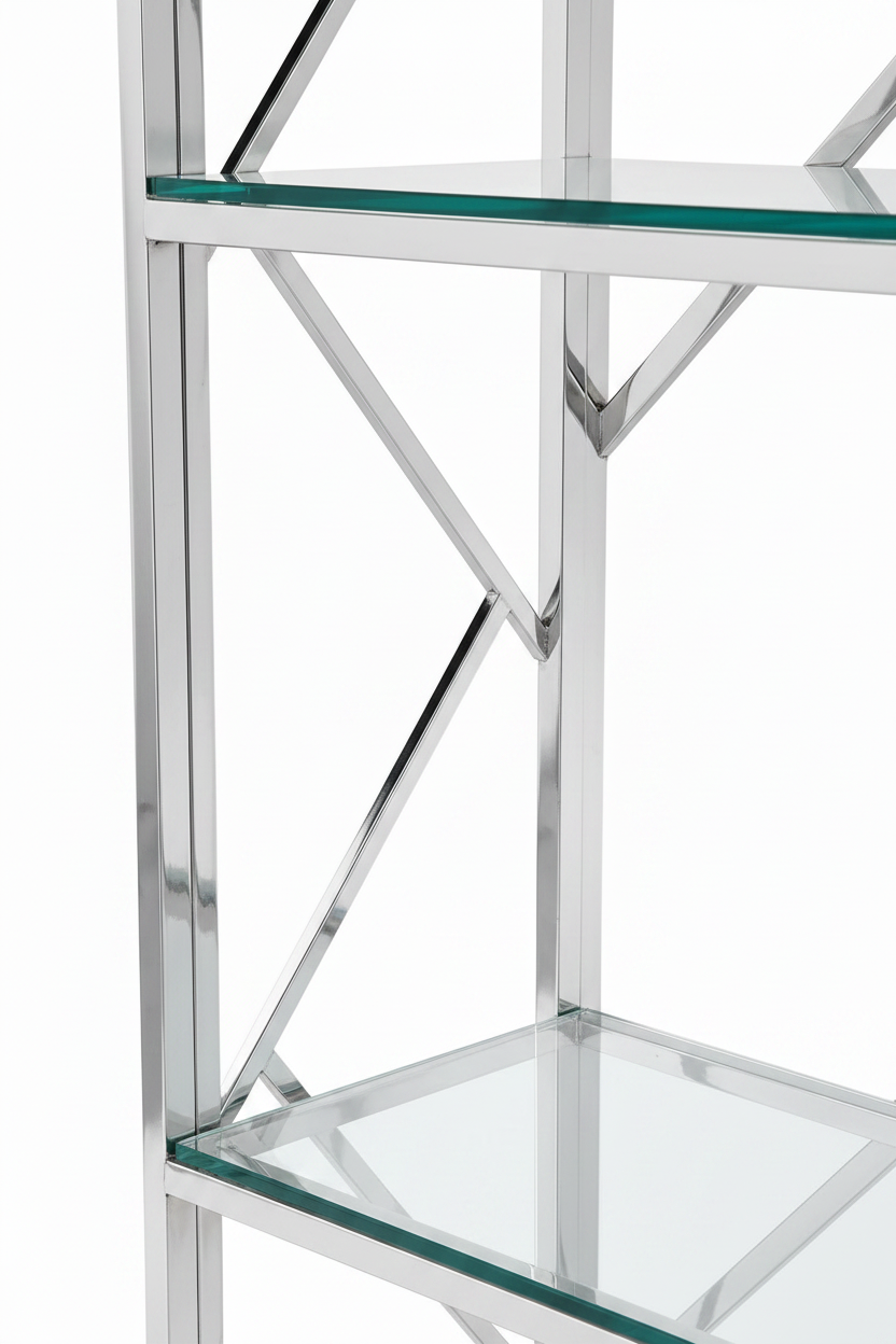 Bibliothèque GEOMAG Chrome 4 étagères en verre transparent #couleur_chrome