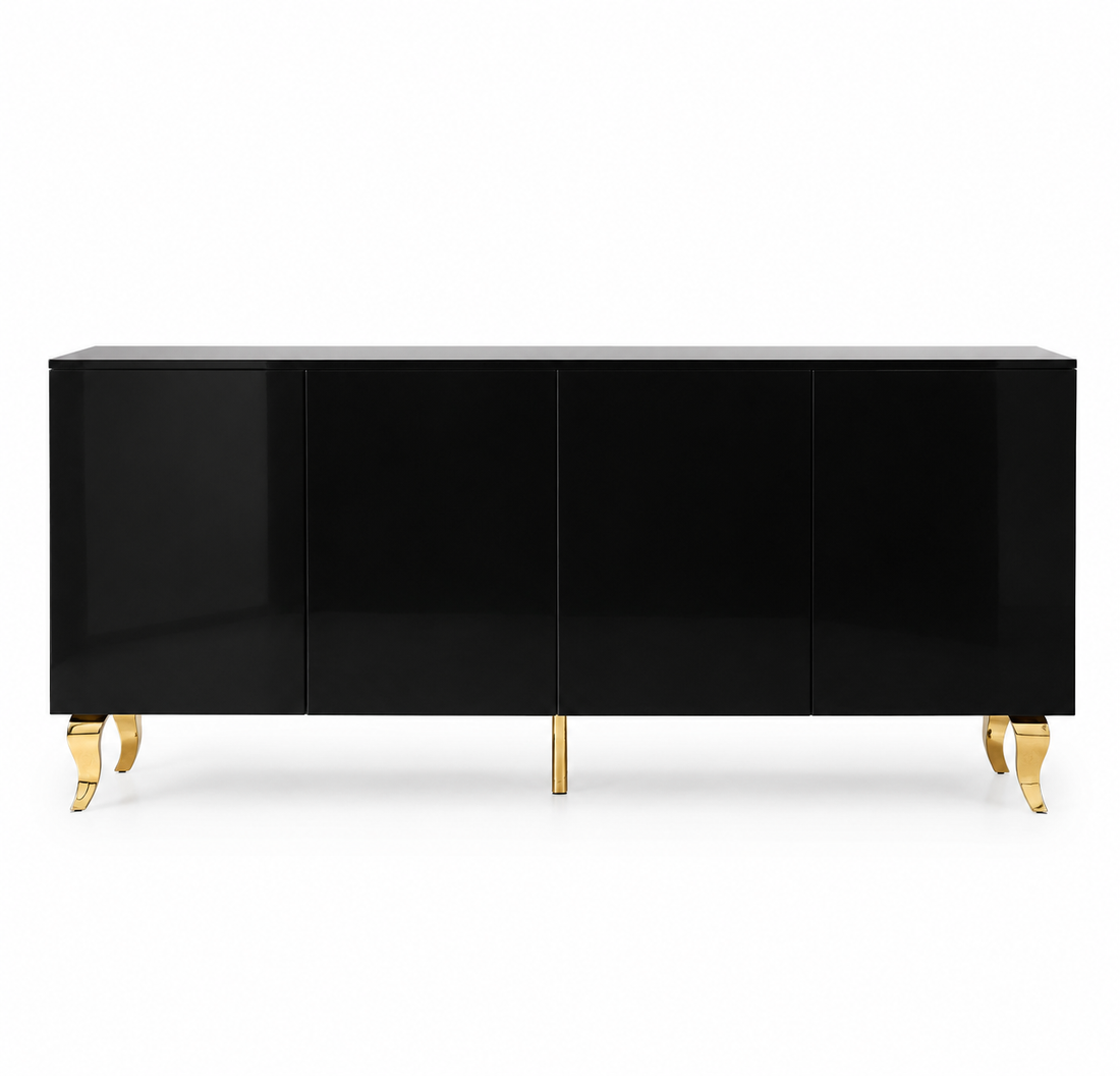 Buffet BAROQUE – Laqué Noir Pieds Dorée – 4 Portes – 180x40x80 cm