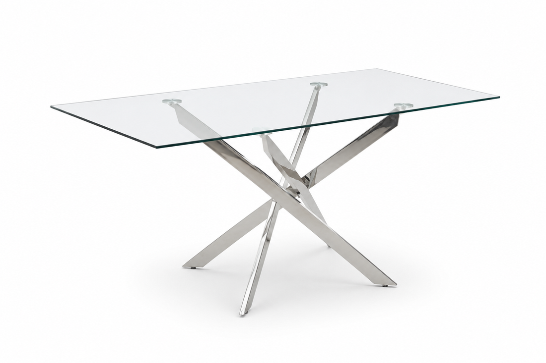 Table Repas JESSICA Chrome et plateau en verre 150 cm 4 à 6 couverts transparent #couleur_transparent