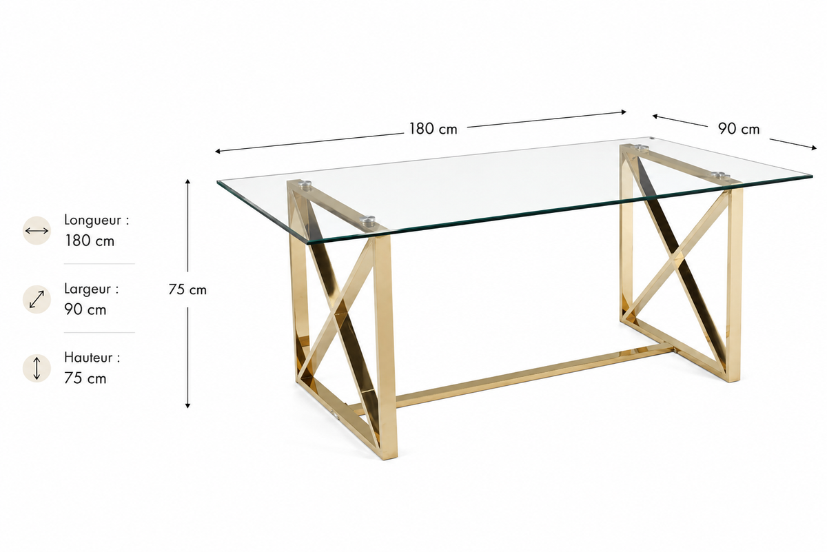 Table à manger verre transparent pied métal doré 180x90 cm KENSY