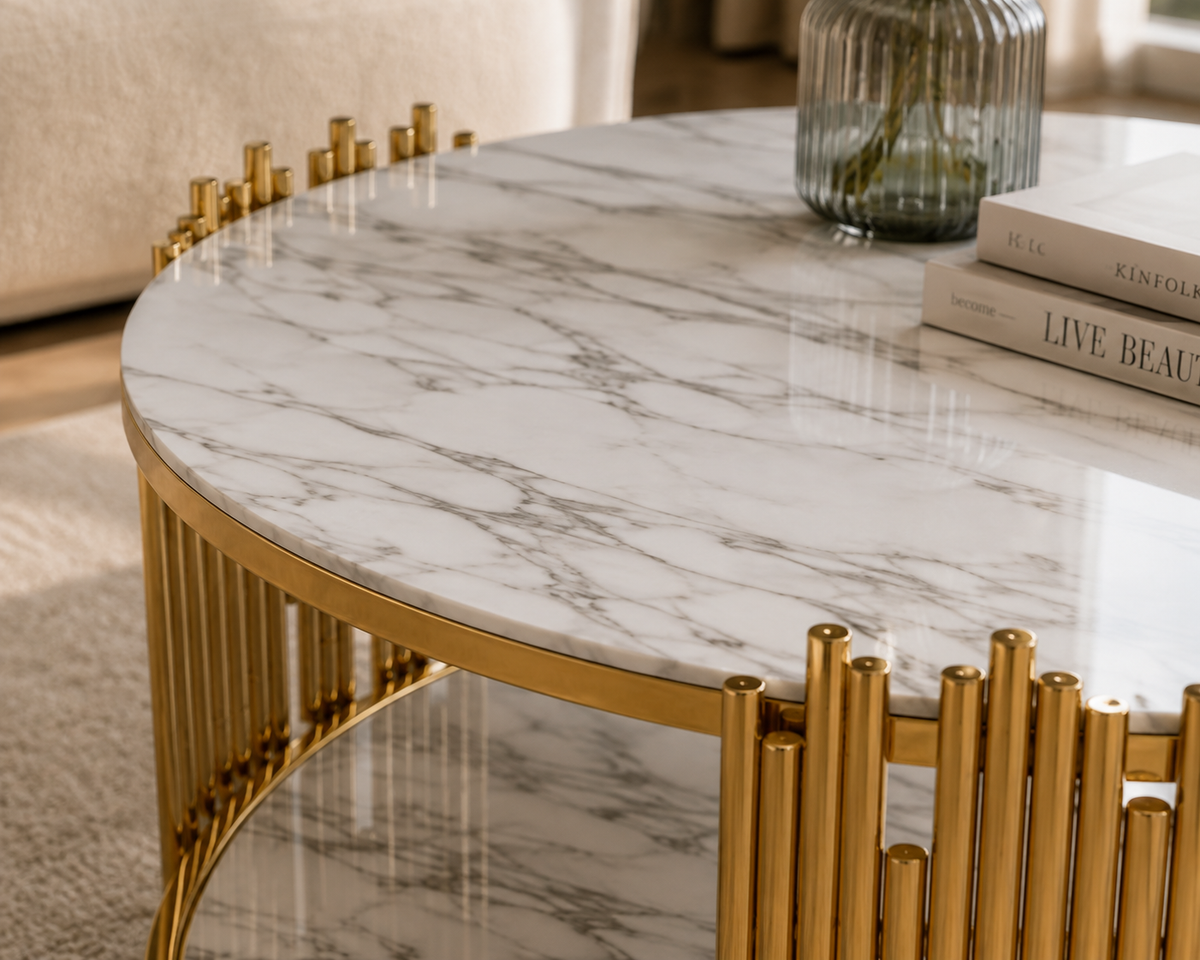Table Basse ronde STICK Gold et plateau en verre MARBRE BLANC D90 H45 cm