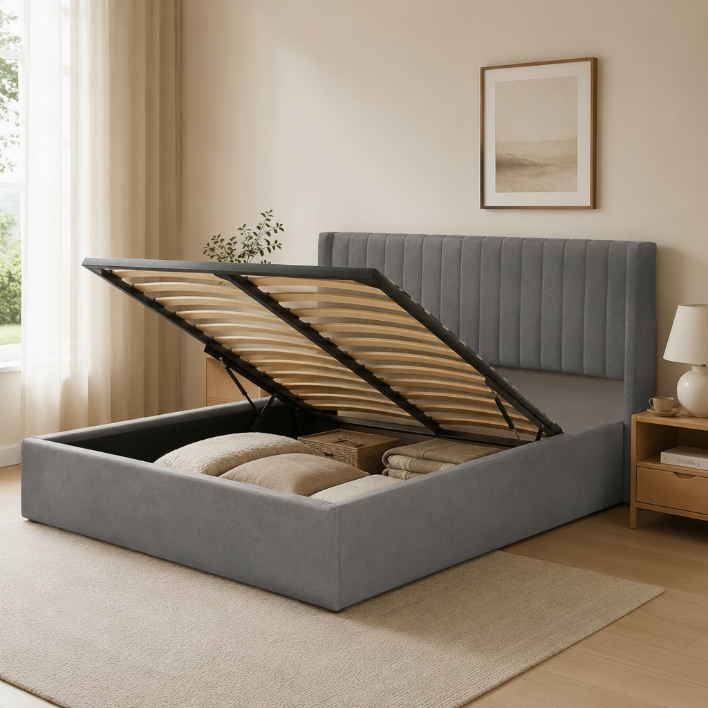 Lit Coffre 160x200 – Velours Gris Sommier Inclus