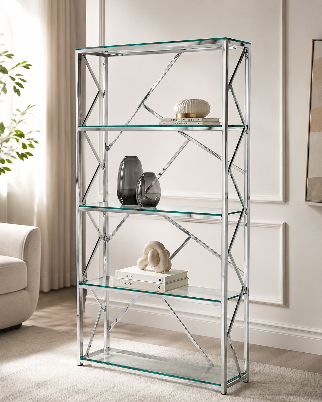 Bibliothèque GEOMAG Chrome 4 étagères en verre transparent #couleur_chrome