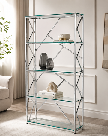 Bibliothèque GEOMAG Chrome 4 étagères en verre transparent #couleur_chrome