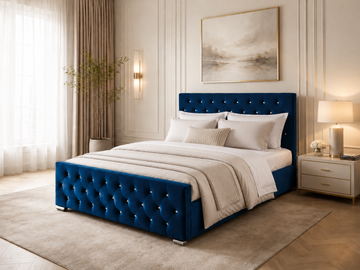 Lit  2 places 140x190 cm velours bleu sommier inclus PRESTIGE