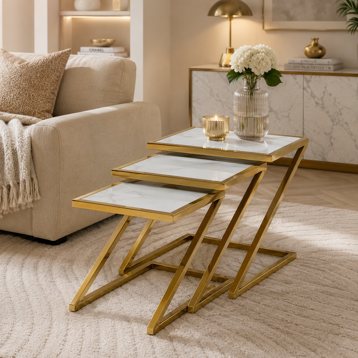 Guéridon Gigogne Z Gold & Céramique Marbre Blanc – 45x45 / 40x40 / 35x35 cm #couleur_marbre_blanc