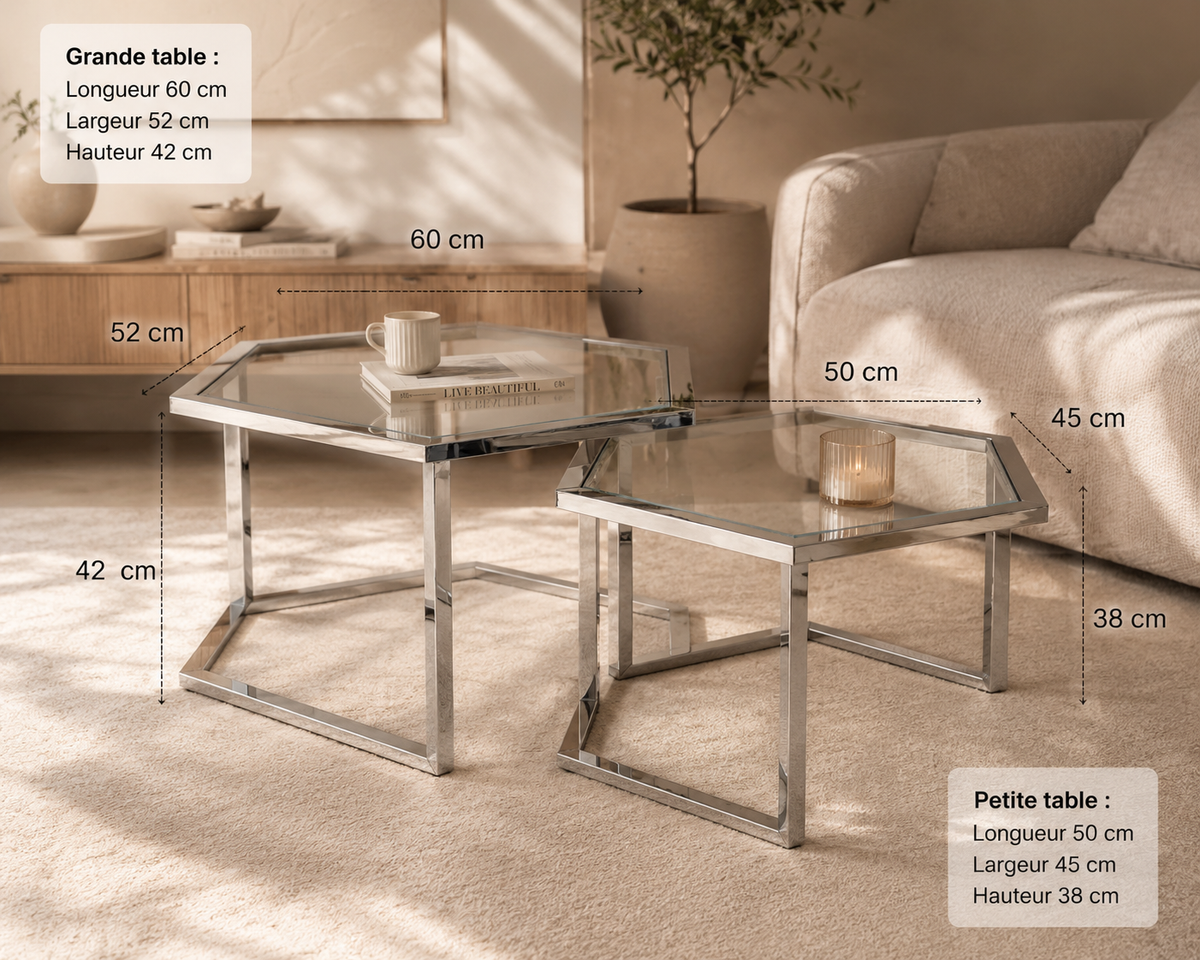 Lot 2 Tables Basses Hexagonales Verre Chrome 60x52x42 50x45x38 HEXAGONA