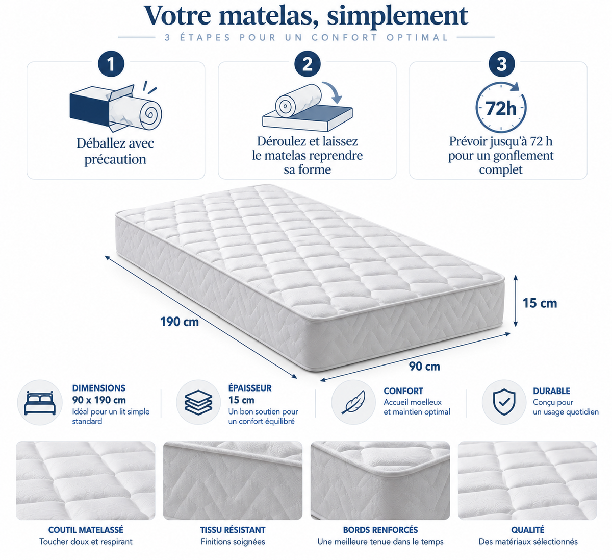 Matelas Mousse – Épaisseur 15 cm – 90 x 190 cm