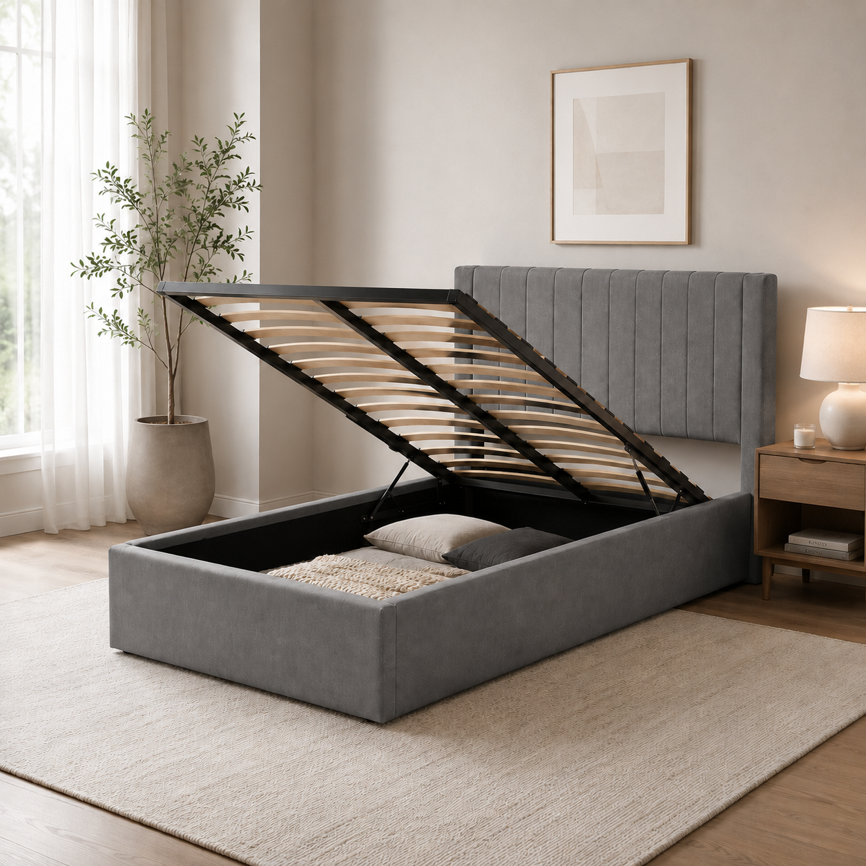 Lit coffre 90x190 velours gris sommier inclus - CAMILLE #couleur_gris