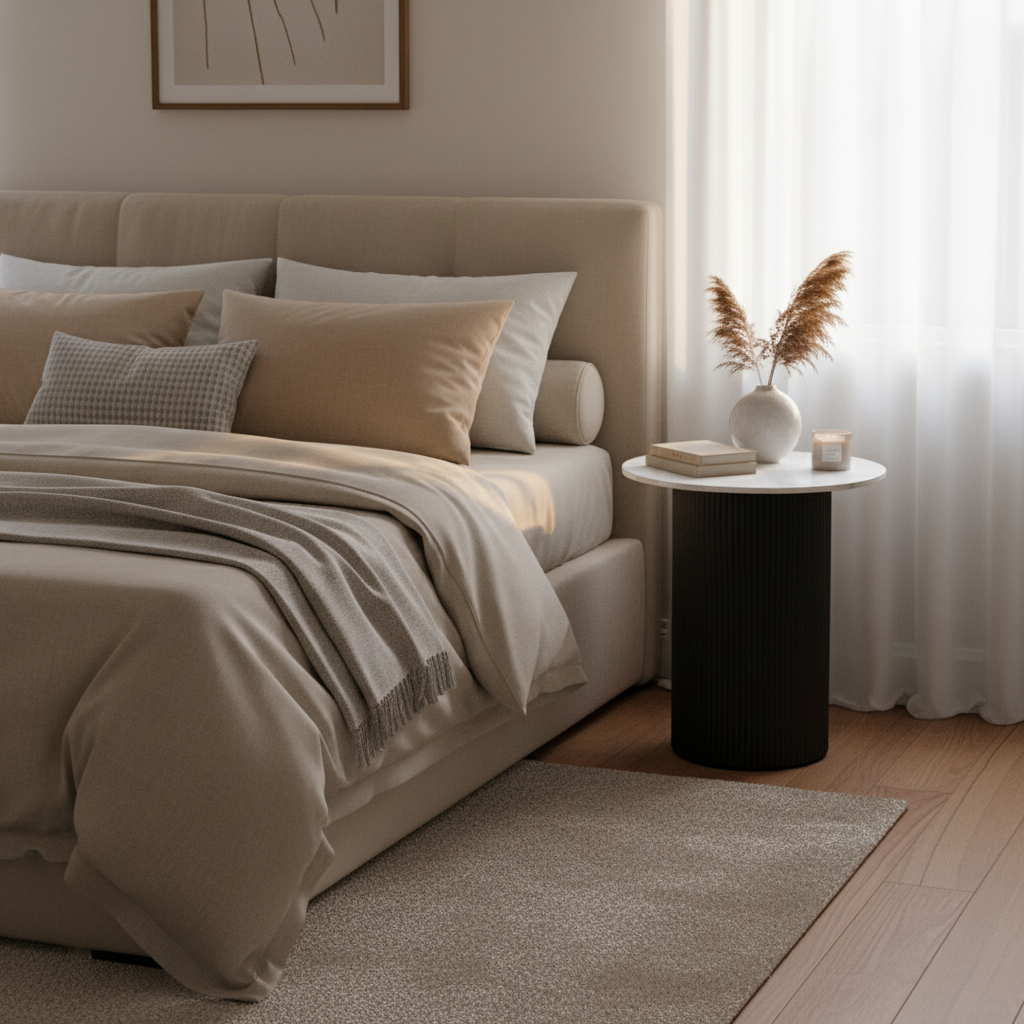 Guéridon VALMY Pieds Noirs Plateau Céramique Marbre Blanc Ø50 cm