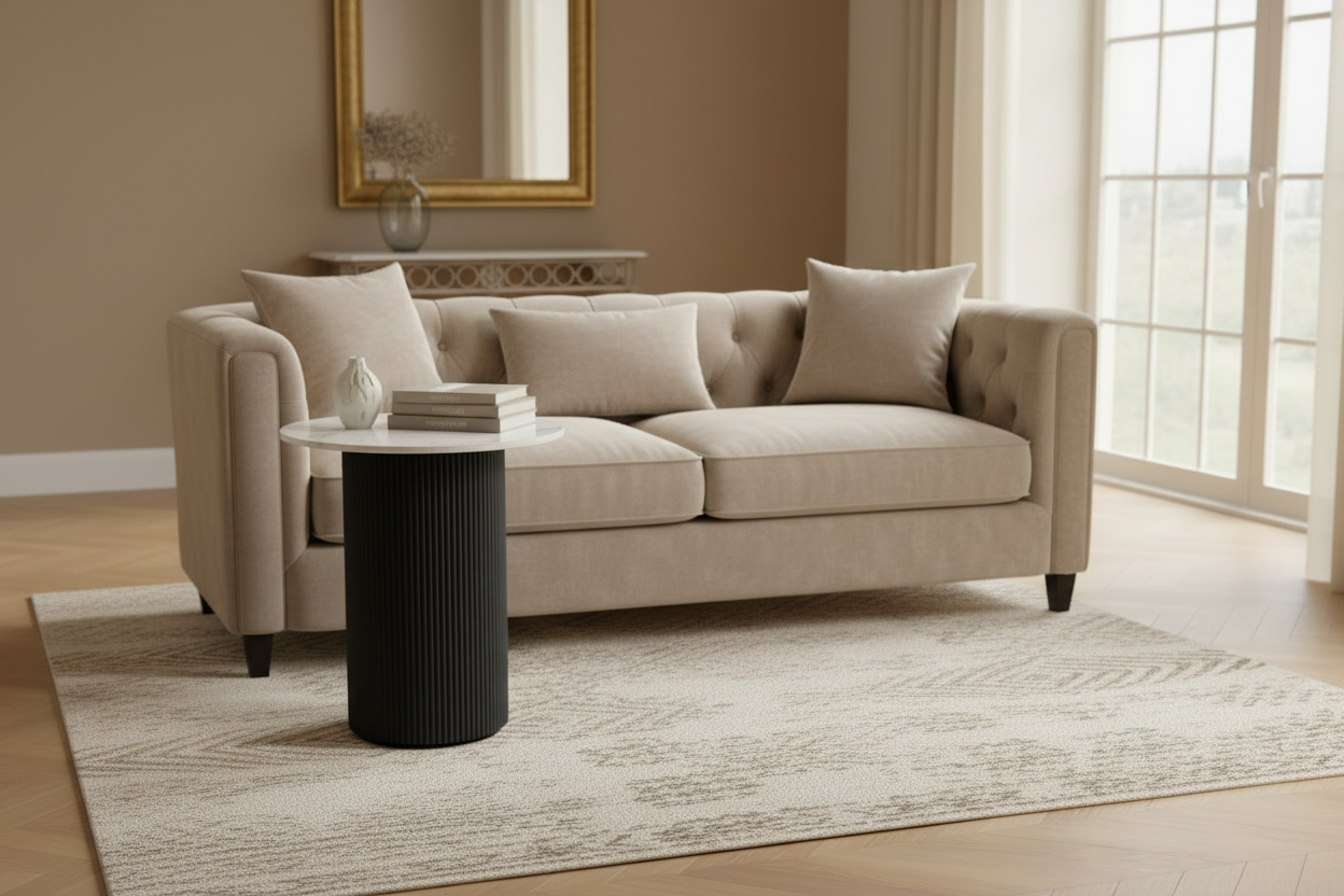 Guéridon VALMY Pieds Noirs Plateau Céramique Marbre Blanc Ø50 cm
