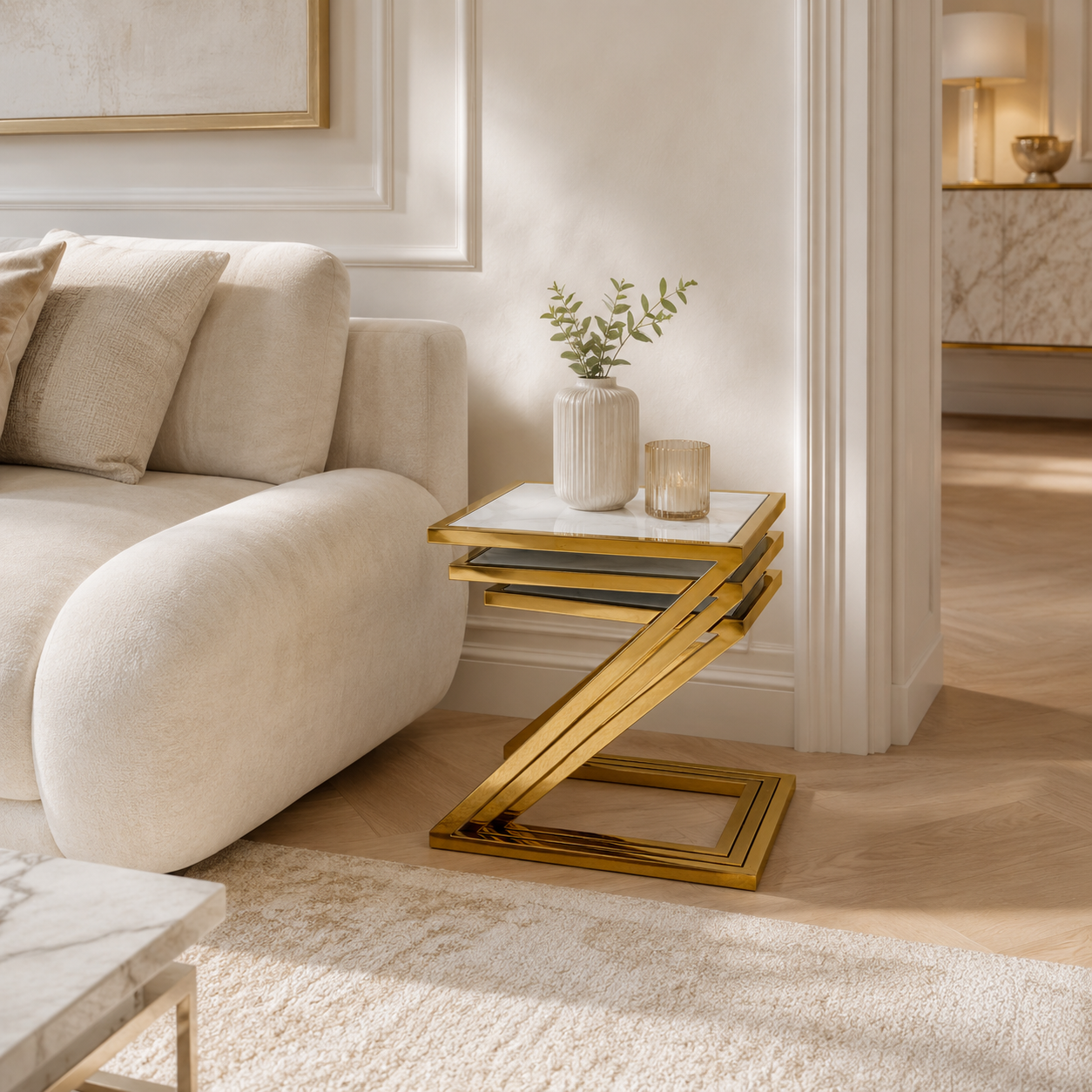 Guéridon Gigogne Z Gold & Céramique Marbre Blanc – 45x45 / 40x40 / 35x35 cm #couleur_marbre_blanc