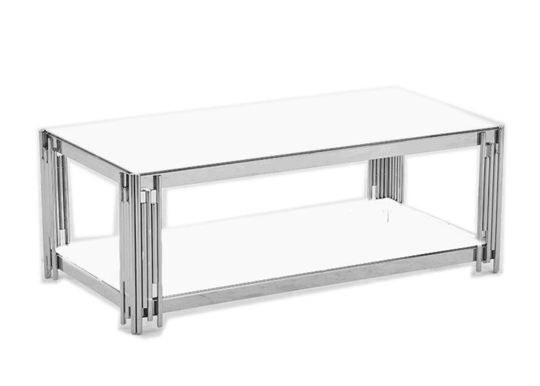 Table Basse FLUTE Rectangle Double Plateau Verre Trempé Blanc Structure Chrome 120x60x45cm