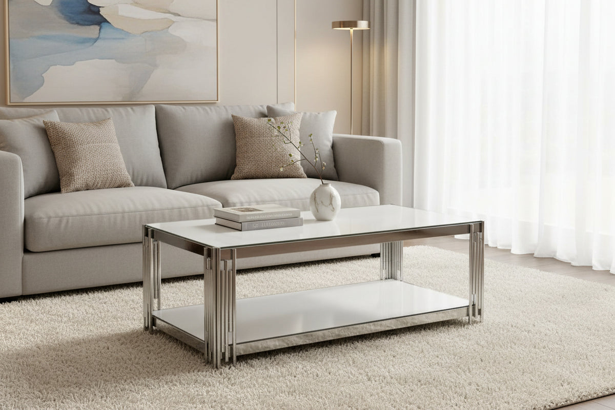 Table Basse FLUTE Rectangle Double Plateau Verre Trempé Blanc Structure Chrome 120x60x45cm