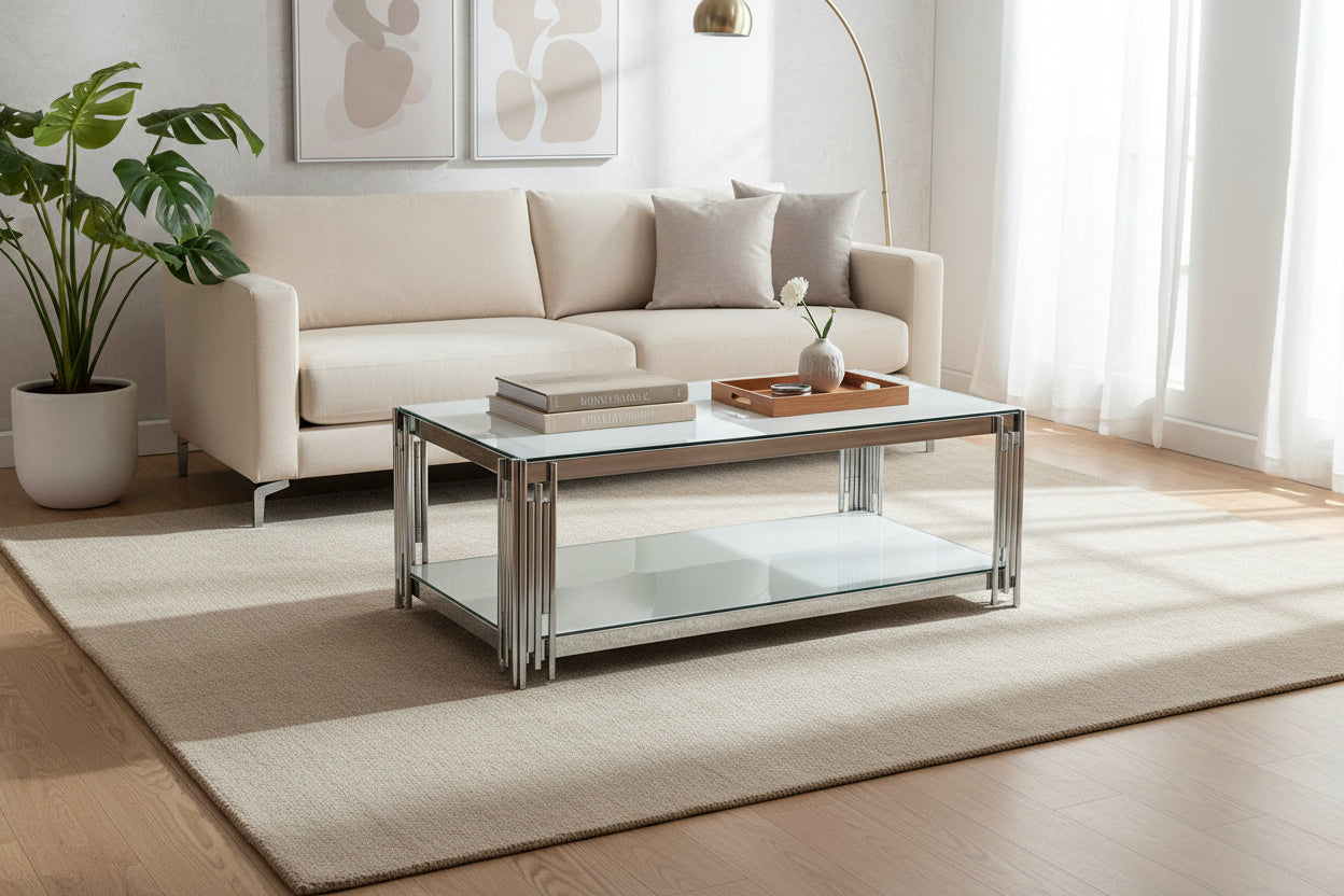 Table Basse FLUTE Rectangle Double Plateau Verre Trempé Blanc Structure Chrome 120x60x45cm