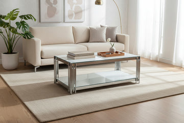 Table Basse FLUTE Rectangle Double Plateau Verre Trempé Blanc Structure Chrome 120x60x45cm